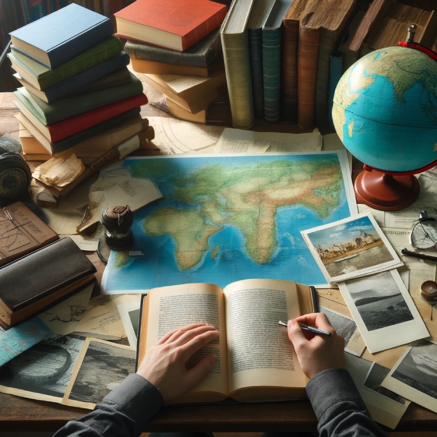 scrivania del geografo con carta geografica, mappamondo e molti libri. immagine creata da AI DALL•E