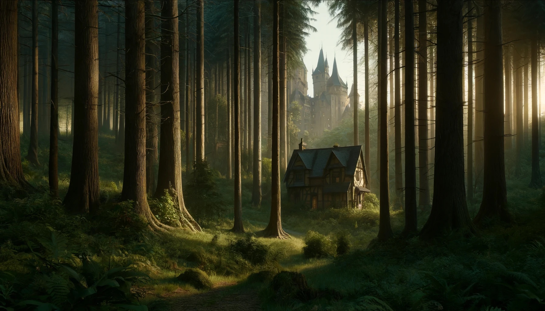 una piccola casa in un bosco e un castello in lontananza
