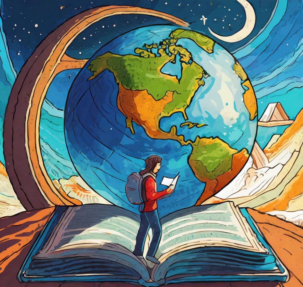 Immagine a colori di una persona che cammina su un libro e con il pianeta Terra in secondo piano.