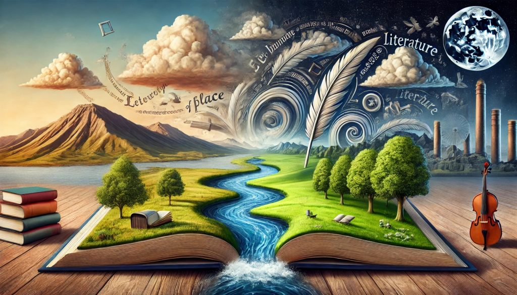L'immagine mostra un libro aperto dal quale emerge un paesaggio fantastico. Un fiume scorre attraverso prati verdi con alberi e piccole strutture. Sul lato sinistro ci sono montagne sotto un cielo diurno con nuvole, mentre a destra, il cielo è notturno con una luna piena e colonne che si ergono verso il cielo. Parole come "Literature" e "Lettere" fluttuano nell'aria insieme a piume giganti e altri elementi surreali. A sinistra del libro ci sono pile di libri e a destra un violoncello.