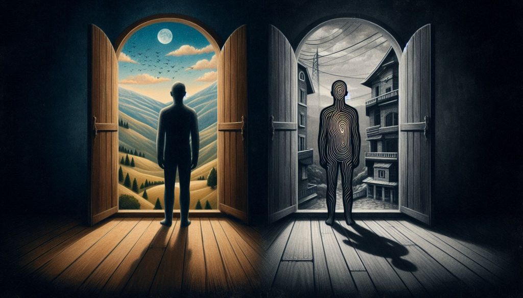 L'immagine mostra due figure umane stilizzate che si trovano di fronte a due porte aperte, ciascuna con un paesaggio diverso. La figura a sinistra guarda verso un paesaggio colorato e sereno con colline ondulate, alberi e un cielo azzurro con nuvole e uccelli in volo. La figura a destra guarda verso un paesaggio urbano in bianco e nero con edifici e cavi elettrici. La figura a sinistra è completamente nera, mentre quella a destra ha contorni concentrici bianchi che formano un motivo simile a un bersaglio. L'immagine rappresenta un contrasto tra due mondi o stati d'animo diversi, uno colorato e naturale, l'altro grigio e urbano.