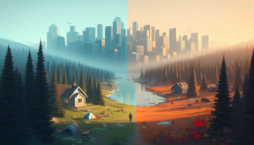 L'immagine mostra un paesaggio diviso in due metà, ognuna con caratteristiche distintive. La metà sinistra rappresenta una scena naturale con una casa di campagna, tende da campeggio e una foresta di conifere. Sullo sfondo, si intravede una città con grattacieli avvolti nella nebbia. La metà destra, invece, mostra un paesaggio autunnale con colori caldi, una casa simile, e una città sullo sfondo con edifici moderni. Al centro dell'immagine è presente anche la figura di un uomo.