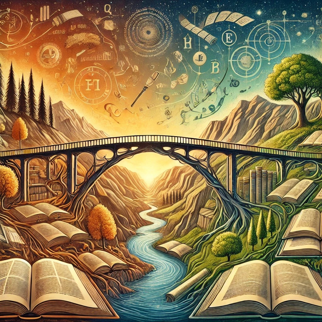 Questa immagine rappresenta un ponte simbolico che collega il mondo fisico della geografia con quello astratto della letteratura. Da un lato, si snodano paesaggi naturali, come montagne e fiumi, mentre dall'altro si aprono libri e simboli letterari. Il cielo, ricco di segni e parole, simboleggia l'intersezione tra spazio e narrazione, suggerendo che il viaggio attraverso la terra e quello attraverso il pensiero si intrecciano, creando una connessione profonda tra realtà e immaginazione