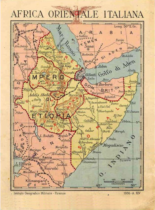 Mappa dell’impero coloniale italiano in Africa orientale, 1936